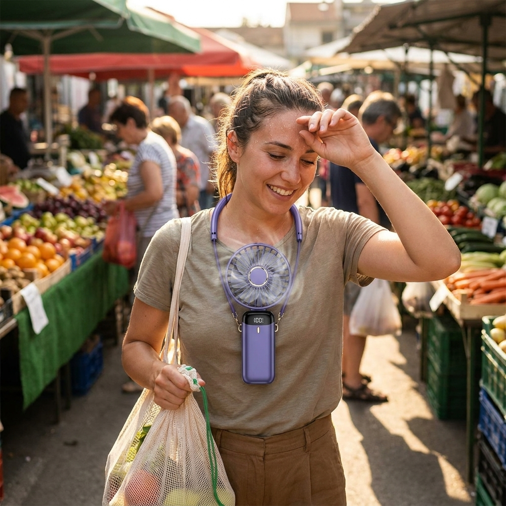 Portable neck-hanging fan in use outdoors