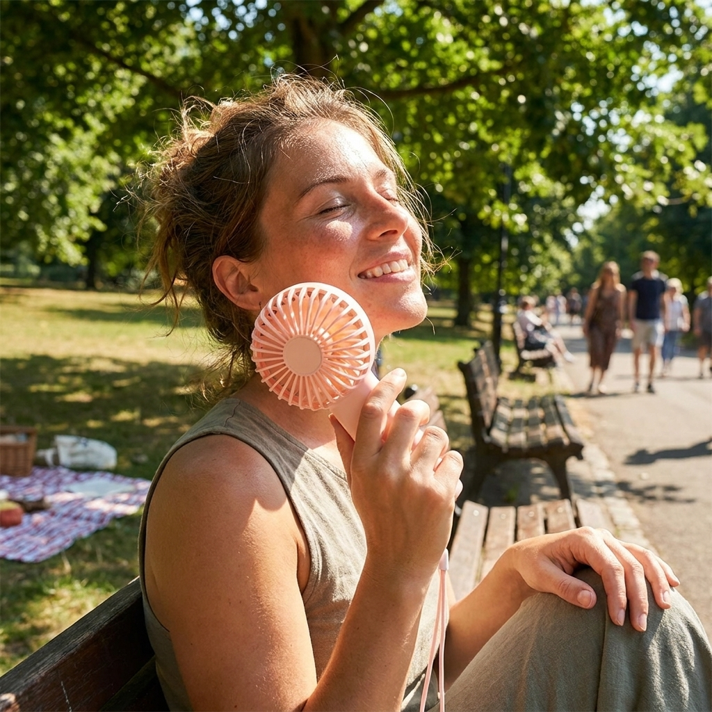 Mini handheld fan in use