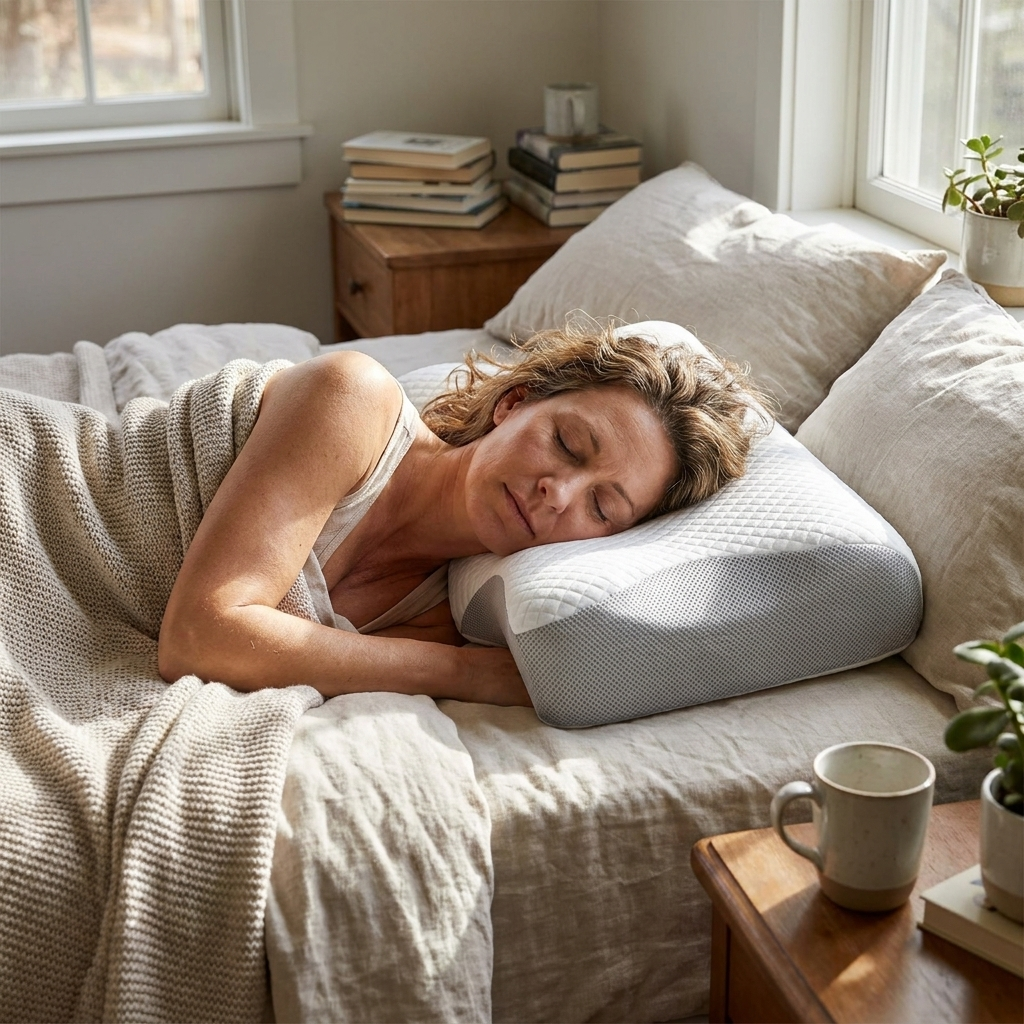 2-in-1 memory foam neck pillow in use