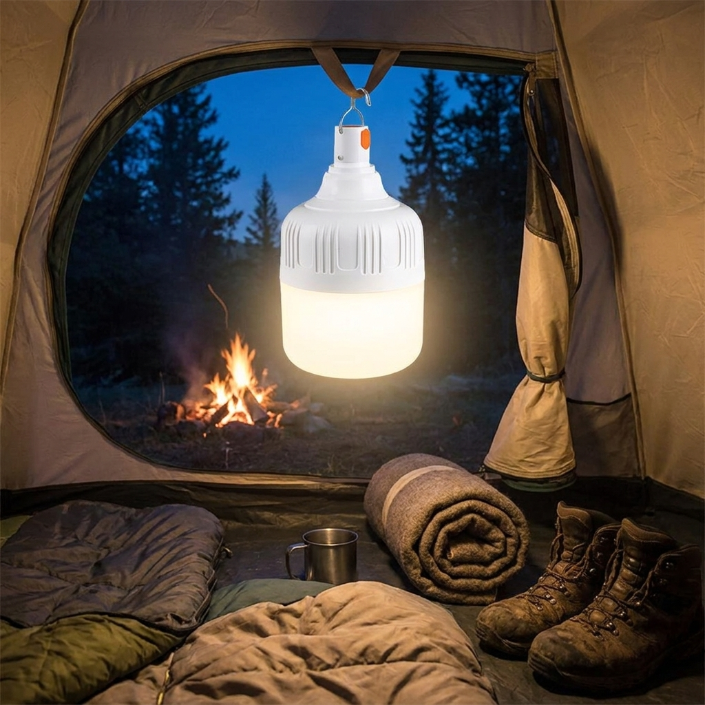 LED camping lantern at a tent