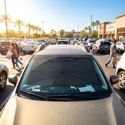 Car windshield sunshade in use