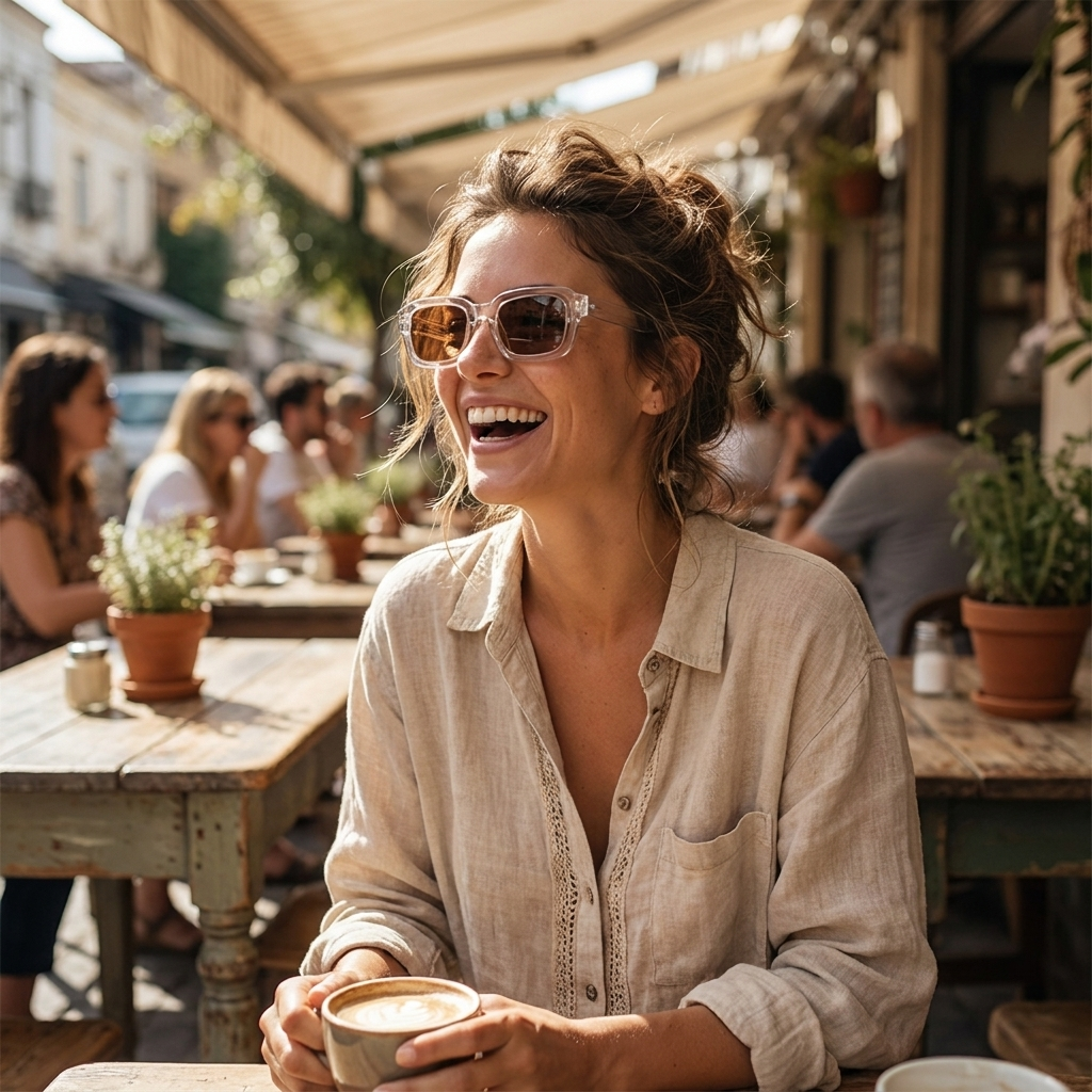 Rectangular vintage sunglasses worn outdoors