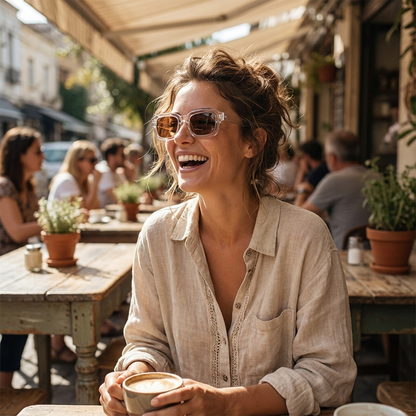 Rectangular vintage sunglasses worn outdoors