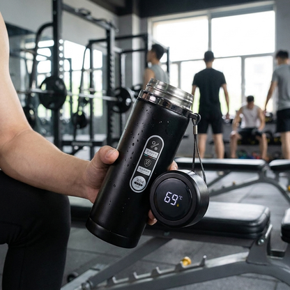 Thermal bottle with LED display in use