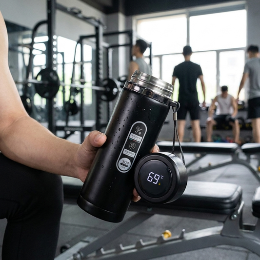 Thermal bottle with LED display in use