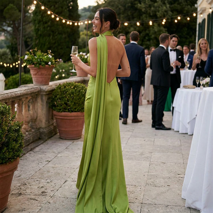 Backless satin maxi dress worn