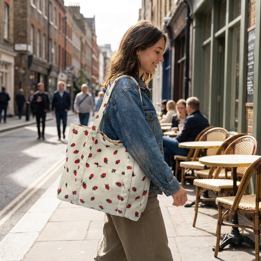 Strawberry tote bag carried in the city
