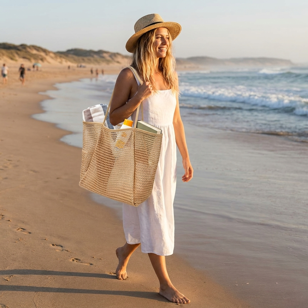 Large beach tote on the beach