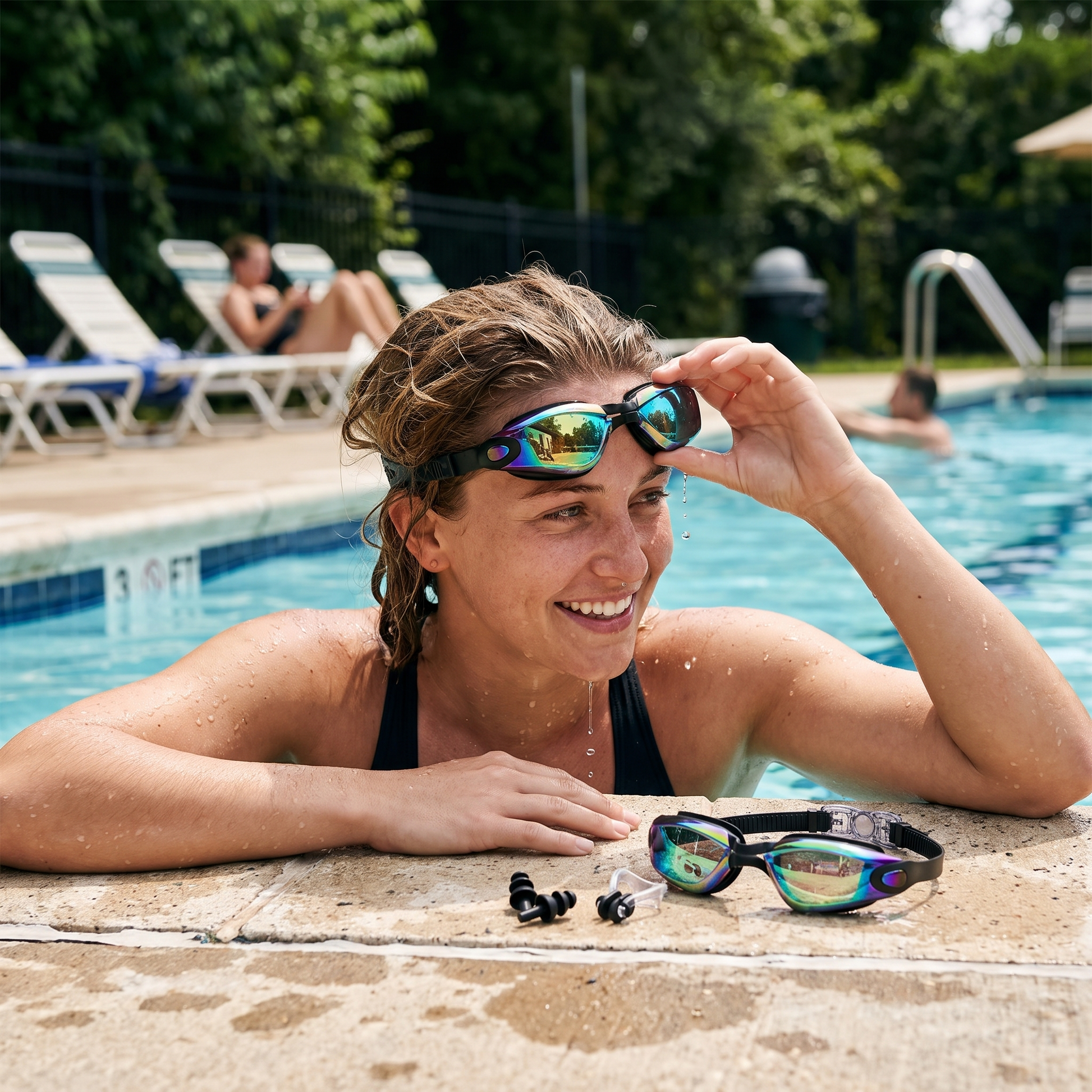 Waterproof swim goggles in use