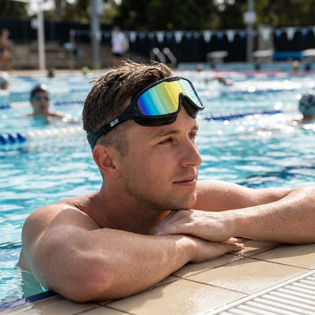 Big frame swim goggles in use