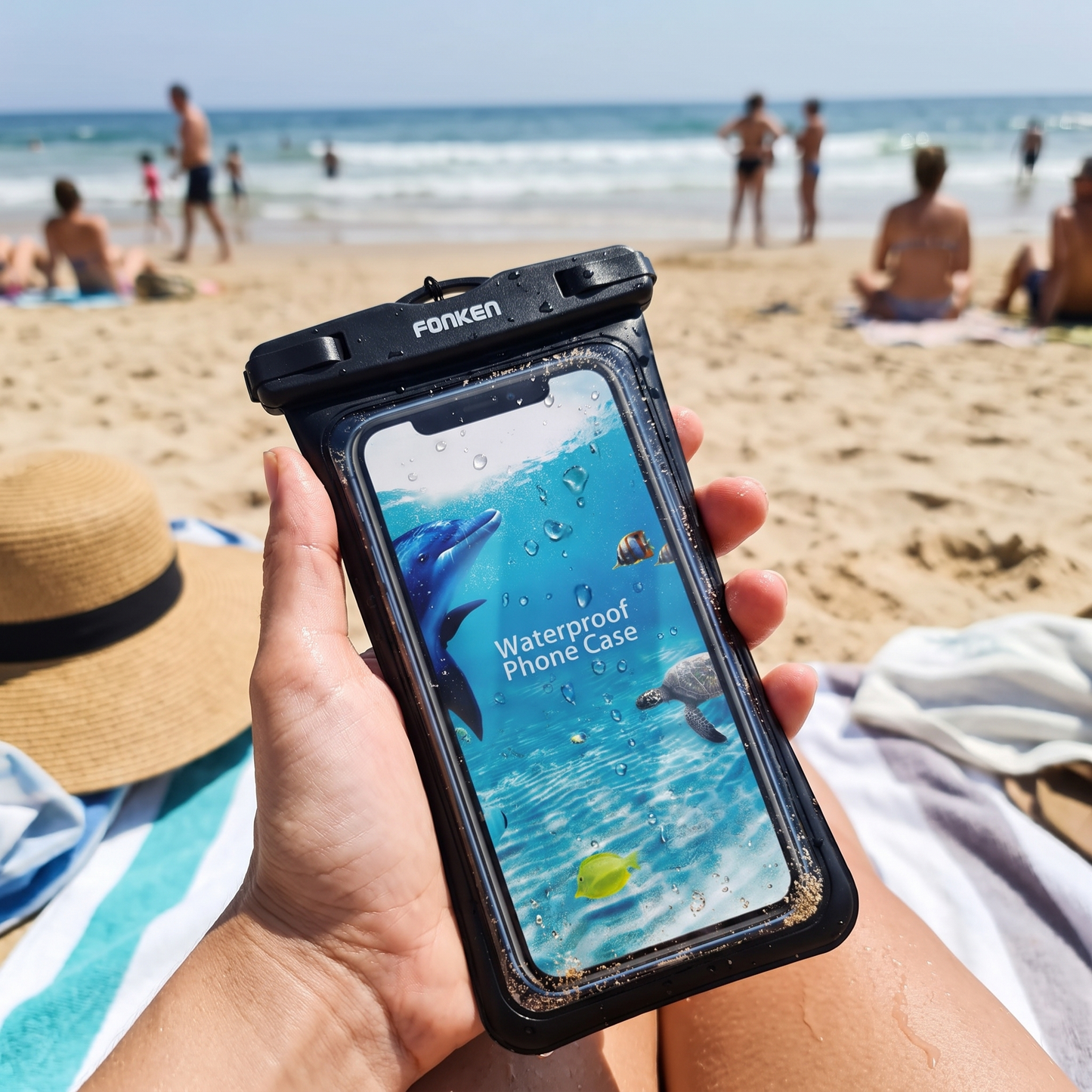 Waterproof phone pouch in use