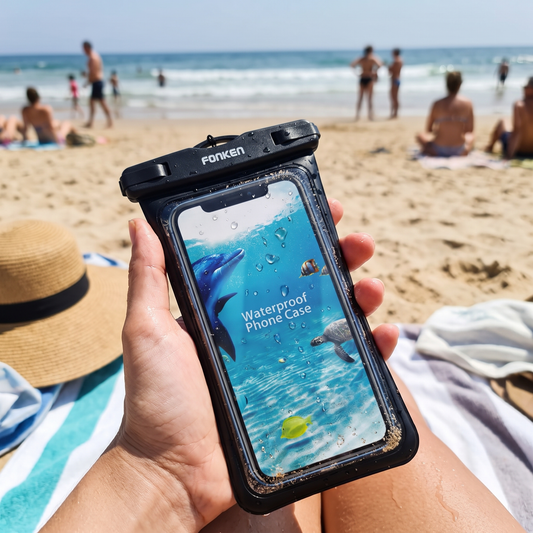 Waterproof phone pouch in use