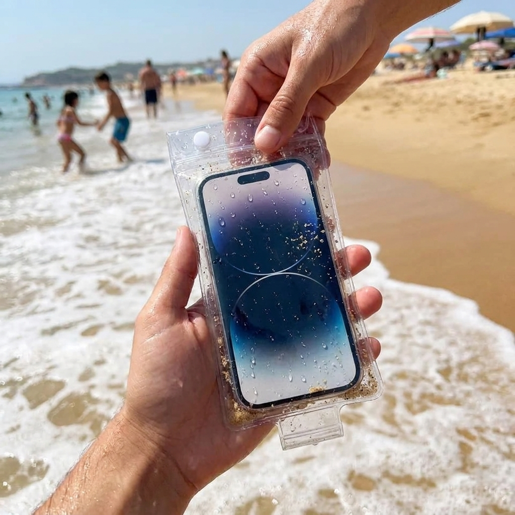 Transparent waterproof phone pouch in use