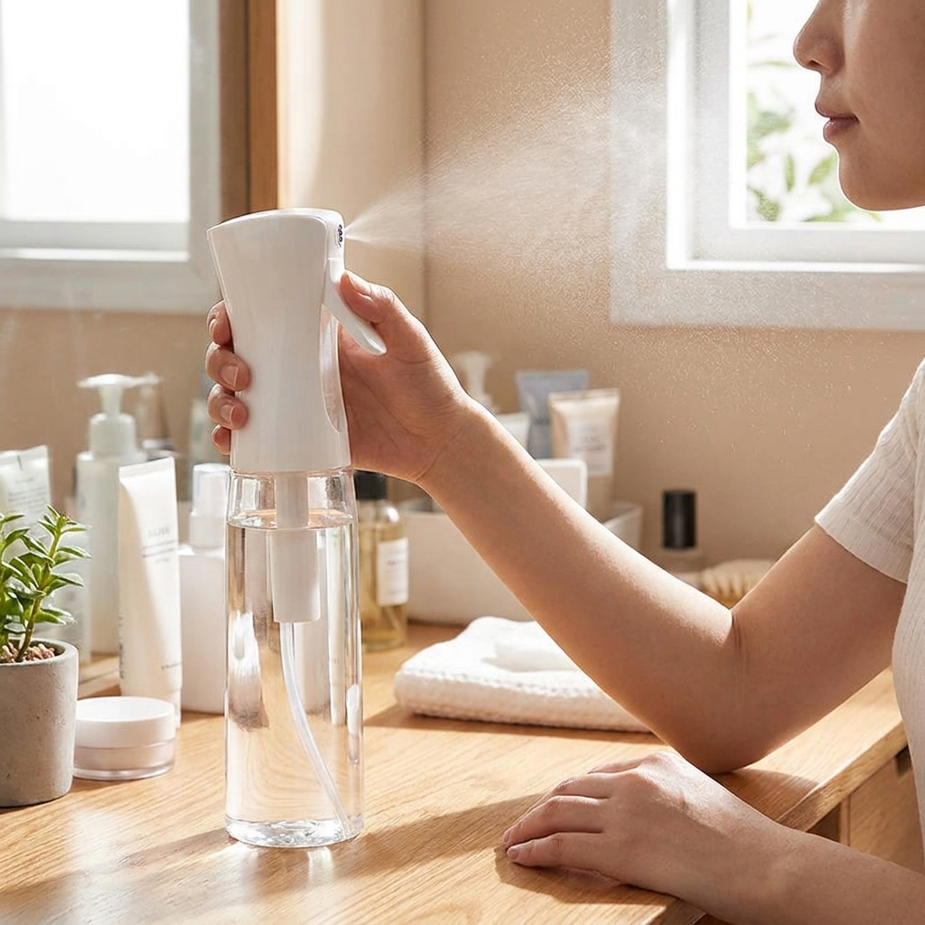 Refillable mist spray bottle in use