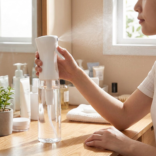 Refillable mist spray bottle in use